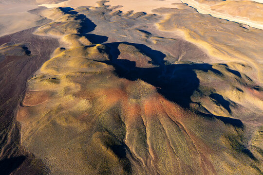 Aerial view of volcanic highlands in La Puna, Argentina