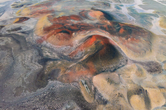 Aerial view of volcanic lands in La Puna, Argentina