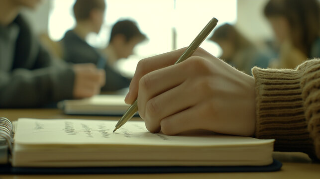 Left-handed student taking detailed notes in a classroom during a morning lesson with peers engaged in learning