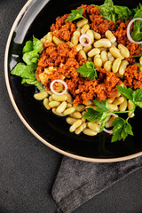 Bean salad tuna canned fish fresh delicious gourmet food background on the table rustic food top view copy space keto and paleo diet vegetarian food pescetarian diet