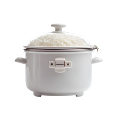 White Ceramic Rice Cooker with Cooked Grains, Lid, and Handles