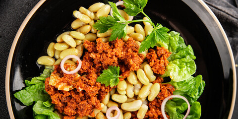 Bean salad tuna canned fish fresh delicious gourmet food background on the table rustic food top view copy space keto and paleo diet vegetarian food pescetarian diet