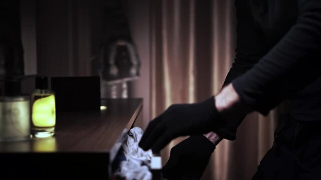 Thief in a black suit, and gloves open dresser drawer and start rummaging around