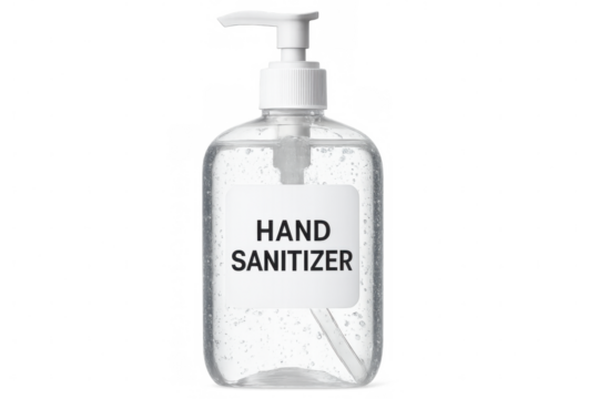 Hand sanitizer dispenser sitting on clear surface, representing pandemic hygiene protocol and medical cleanliness standard