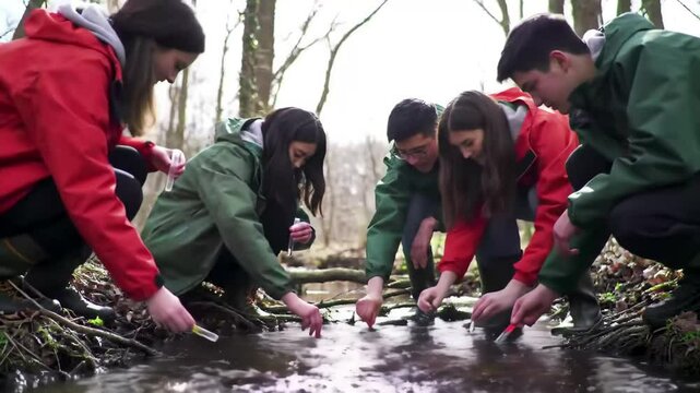 Students engage in hands-on environmental education by collecting and analyzing data in a stream for real research projects