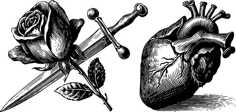 Vintage hand drawn daggers piercing hearts and roses sketch for retro design