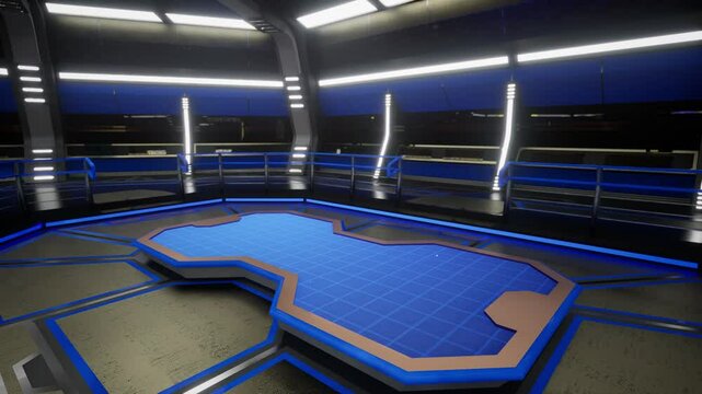 3d illustration table meeting in spaceship futuristic background for logo company opening bumper.
