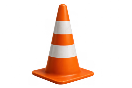 Studio shot of an orange and white traffic cone on a transparent background, ideal for easy integration into any project