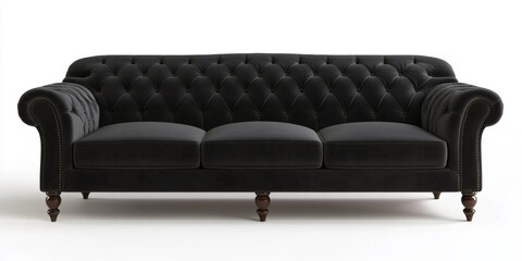 Fototapeta premium This is a modern and elegant black leather Chesterfield sofa with tufted backrest.