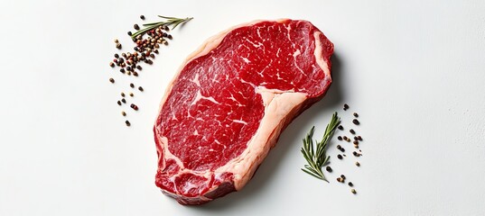 Obraz premium Raw Beef Ribeye Steak on White Background, Perfect for Healthy Protein Recipe Preparation.