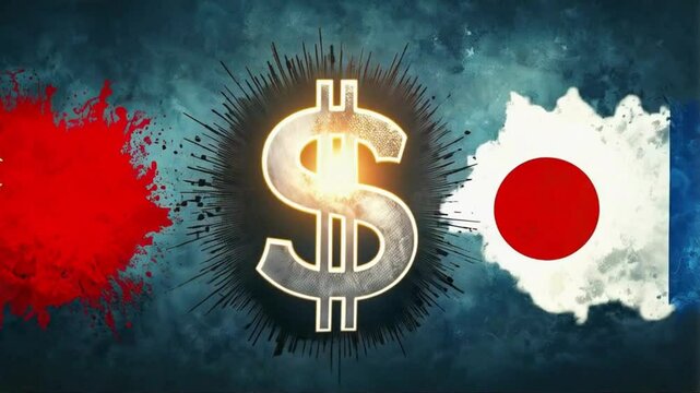 Dramatic 4K Global Currency Battle Concept &ndash; Dollar Symbol Clashing with EU, Japan, and China Flags Amid Explosive Background

