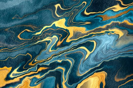 Abstract swirling patterns with blue and gold hues