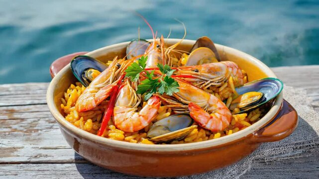 Arroz de marisco, close-up of seafood rice dish, colorful shellfish, and herbs, vibrant and rich textures in a coastal setting
