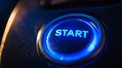 Close-up of a glowing blue start button.