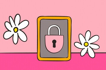 Lock illustration on pink background with daisies