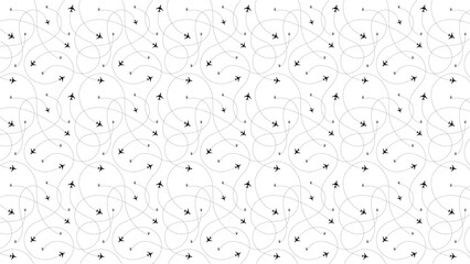 A seamless pattern of airplanes and dotted lines against a white background showing flight paths