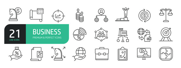 Set of line icons related to pie chart, briefcase, business strategy, business target, growth.
