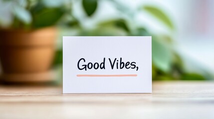 White card with handwritten "Good Vibes" on wooden surface, blurred green plant background.