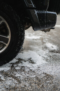 Car tire with soap residue during washing process