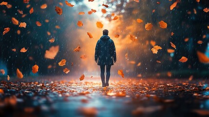 Atmospheric Moody Person Walking in Autumn Rain Storm with Falling Leaves