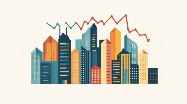 Cityscape with declining graph illustrating economic downturn or market crash.
