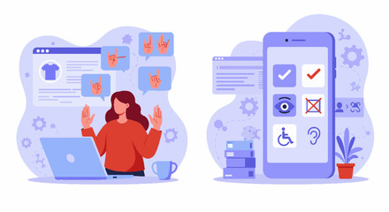 Digital Accessibility and Sign Language Communication Support. Digital accessibility illustration featuring sign language,laptop user,and smartphone accessibility settings for inclusive communication