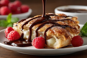 Freshly Baked Pastry with Cream Filling and Rich Chocolate Sauce, Surrounded by Juicy Raspberries and Mint on a Wooden Table