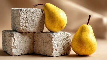 Fresh Yellow Pears with Stone Blocks on Soft Beige Background – Modern Still Life Composition