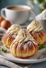 Freshly Baked Pastry with Cream Filling Served on a Plate Surrounded by Coffee, Eggs, and Flour in a Cozy Kitchen Setting
