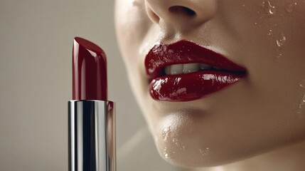 Glossy Red Lipstick Close-Up on Pouty Lips for Beauty and Makeup Promotion