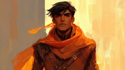 Stylized Portrait of Young Man in Orange Scarf with Dramatic Backlighting, Concept Art Style