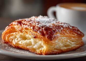 Freshly Baked Pastry with Flaky Layers and Powdered Sugar Next to a Cup of Coffee on a Wooden Table