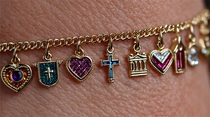Gold Charm Bracelet with Colorful Religious Symbols