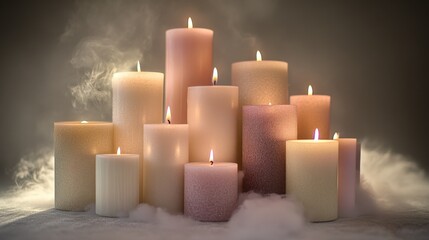 Elegant Group of Lit Candles in Soft Foggy Atmosphere for Relaxation and Mood Lighting
