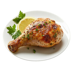 Roasted Chicken Leg Quarter Lemon Parsley Garnish White Plate isolated on a transparent background image