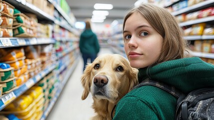 A young Caucasian female with a golden retriever dog, exploring a grocery store aisle filled with colorful products.