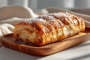 Freshly Baked Puff Pastry Dessert on Wooden Plate with Powdered Sugar Dusting and Soft Light Reflection Highlights in a Cozy Indoor Setting