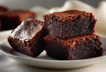 Freshly Baked Rich Brownies on White Plate with Soft Lighting and a Neutral Background Highlighting the Texture and Moisture of Each Piece