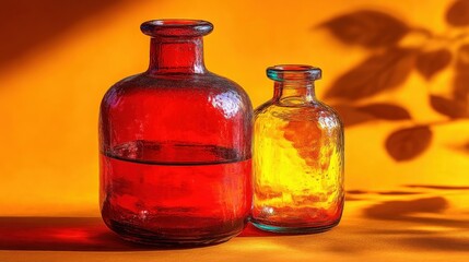 Colorful Glass Bottles in Warm Tones with Shadows on a Vibrant Background