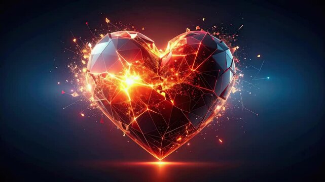 Glowing polygonal heart exploding with fiery passion and energy, symbolizing intense love.