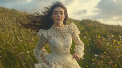 Ethereal Young Woman Running Through Blossoming Meadow in Vintage Lace Dress with Windblown Hair