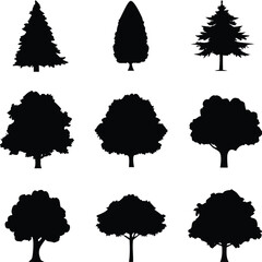 Nature tree icons in silhouette style. Vector set includes various tree shapes for design and illustration.