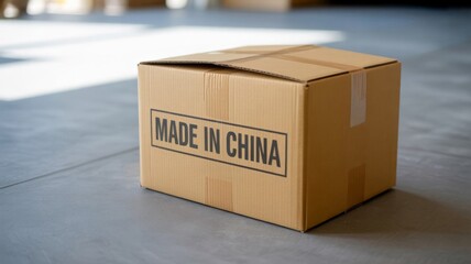 'Made in China' label printed on the side of an unopened cardboard box