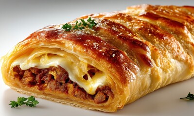 Freshly Baked Savory Pastry with Meat Filling and Cheese, Golden Brown Crust, and Garnished with Herbs on a Light Background