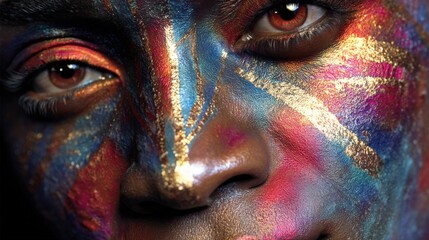 Vibrant Close-Up Portrait of Person with Artistic Face Paint and Bold Colors