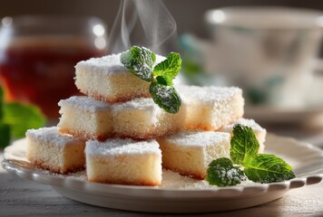 Freshly Baked Soft Cake with Sugar Powder and Mint Leaves on a Plate with a Warm Beverage in the Background