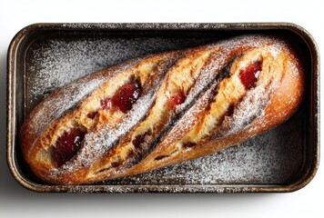 Freshly Baked Sweet Bread Loaf with Fruity Filling and Dusting of Powdered Sugar on Rustic Tray for Culinary and Baking Inspiration