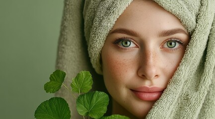 Natural Beauty Portrait of Young Woman with Towel and Green Leaves in Spa Setting