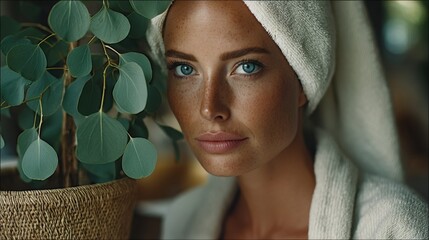 Beautiful Woman with Freckles Relaxing at Home with Towel and Indoor Plant, Wellness and Self-Care Concept