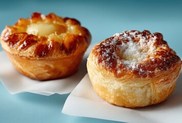 Freshly Baked Sweet Pastries on Blue Background Showcasing Golden Crust and Flaky Layers with Delicious Fruit Filling and Powdered Sugar Topping